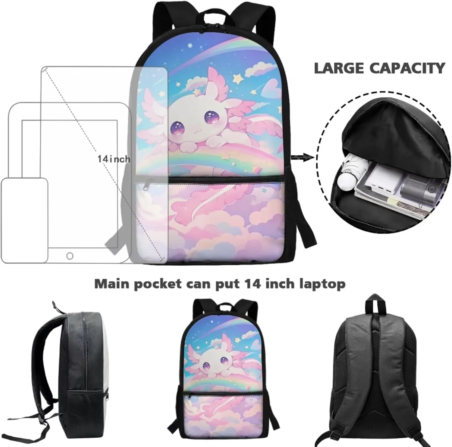 Gomyblomy Cute Girls Axolotl Backpack with Lunch Box 4 in1 Set Kids School Bag with Lunch Bag Pencil Case Water Bottle Holder for Elementary Kindergarten Kawaii Girls Bookbag Ages 6-8