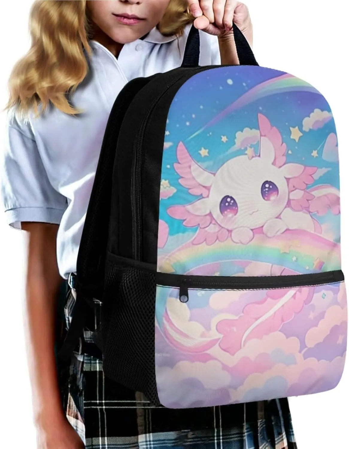 Gomyblomy Cute Girls Axolotl Backpack with Lunch Box 4 in1 Set Kids School Bag with Lunch Bag Pencil Case Water Bottle Holder for Elementary Kindergarten Kawaii Girls Bookbag Ages 6-8