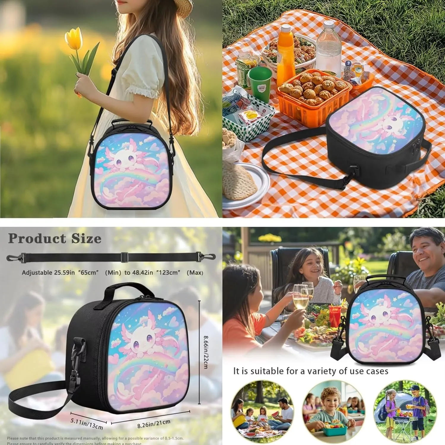 Gomyblomy Cute Girls Axolotl Backpack with Lunch Box 4 in1 Set Kids School Bag with Lunch Bag Pencil Case Water Bottle Holder for Elementary Kindergarten Kawaii Girls Bookbag Ages 6-8