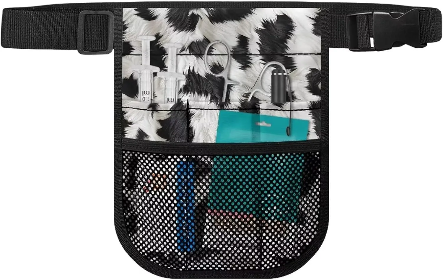 Gomyblomy Nurse Fanny Pack for Work, Black White Cow Print Kit Practical Waist Bag for Nurse Doctors Fanny Pack for Basics Nurse Utility Belt Organizer Pouch with Gear Pockets