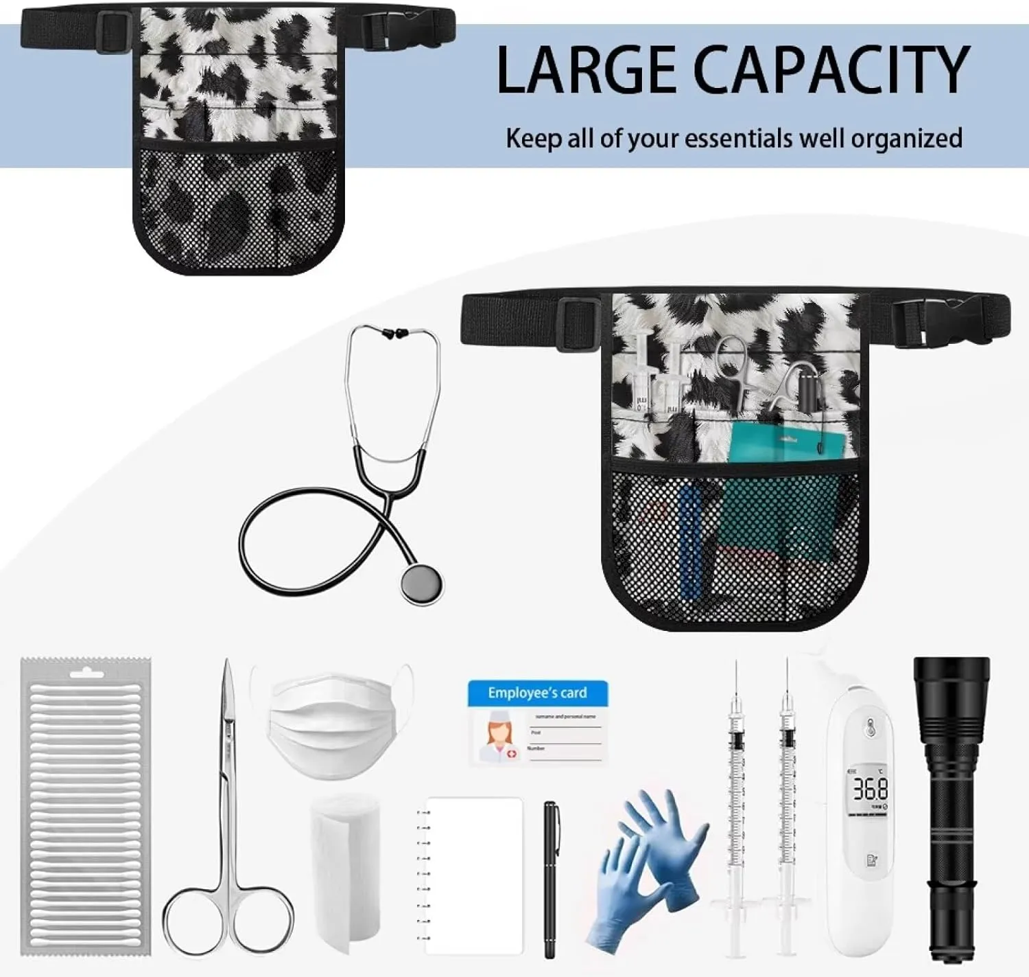 Gomyblomy Nurse Fanny Pack for Work, Black White Cow Print Kit Practical Waist Bag for Nurse Doctors Fanny Pack for Basics Nurse Utility Belt Organizer Pouch with Gear Pockets