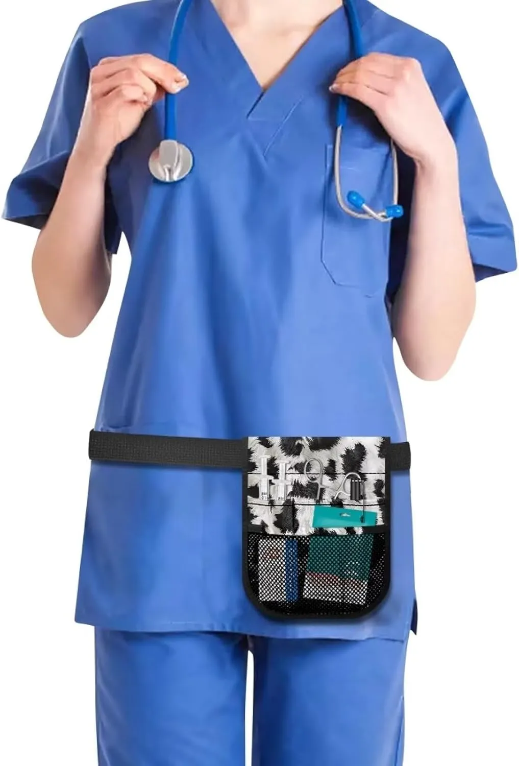Gomyblomy Nurse Fanny Pack for Work, Black White Cow Print Kit Practical Waist Bag for Nurse Doctors Fanny Pack for Basics Nurse Utility Belt Organizer Pouch with Gear Pockets