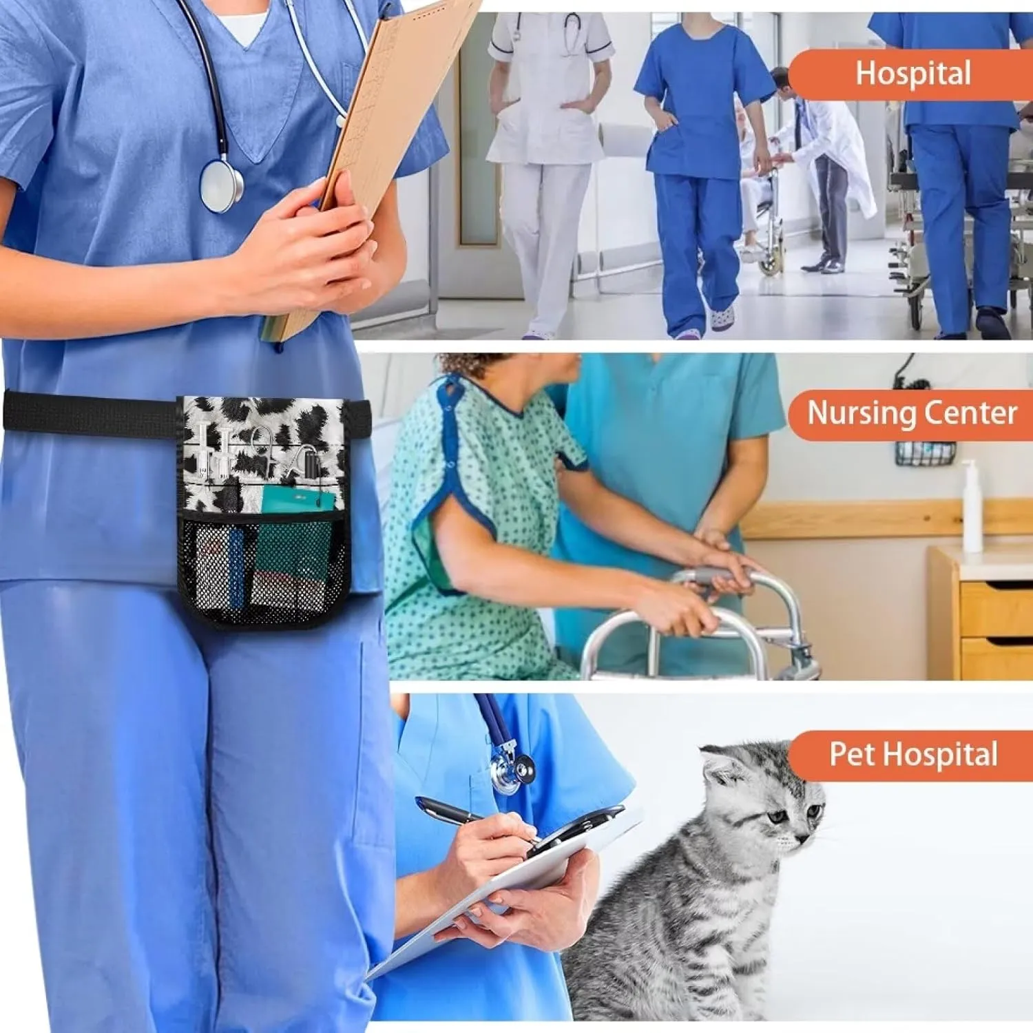 Gomyblomy Nurse Fanny Pack for Work, Black White Cow Print Kit Practical Waist Bag for Nurse Doctors Fanny Pack for Basics Nurse Utility Belt Organizer Pouch with Gear Pockets