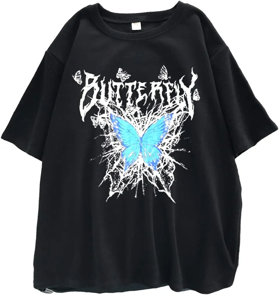 Gothic Round Neck T-Shirt for Women - Loose Dark Ins Harajuku Top With Butterfly Print