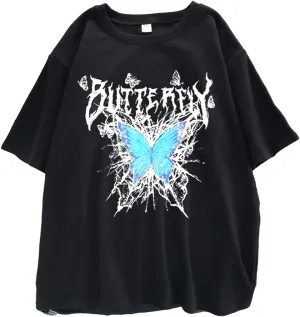 Gothic Round Neck T-Shirt for Women - Loose Dark Ins Harajuku Top With Butterfly Print