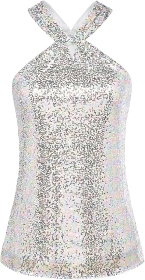 GRACE KARIN Women's Sequin Sparkle Tank Tops Halter Neck Keyhole Knot Slim Fit Cocktail Tops