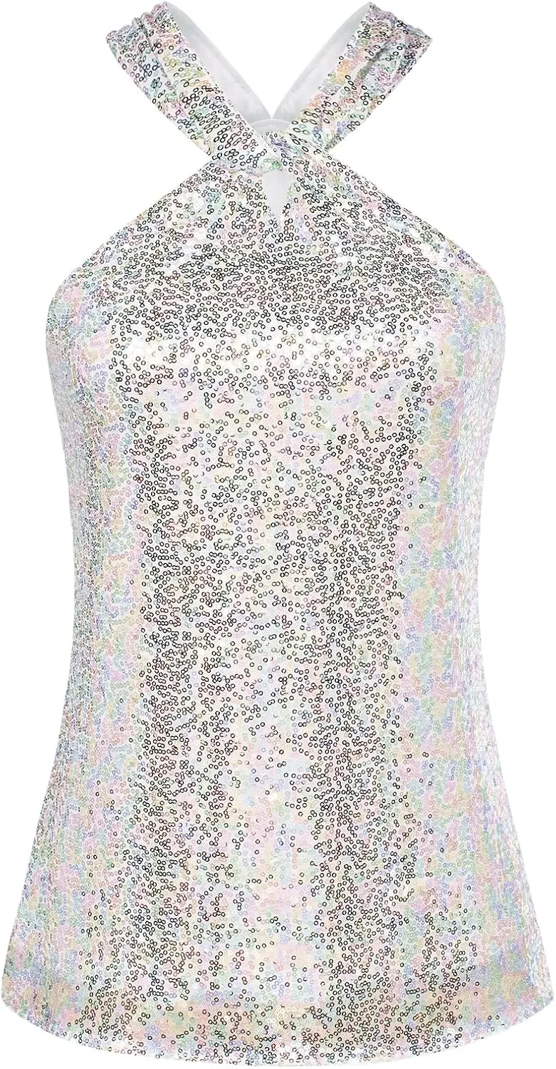 GRACE KARIN Women's Sequin Sparkle Tank Tops Halter Neck Keyhole Knot Slim Fit Cocktail Tops