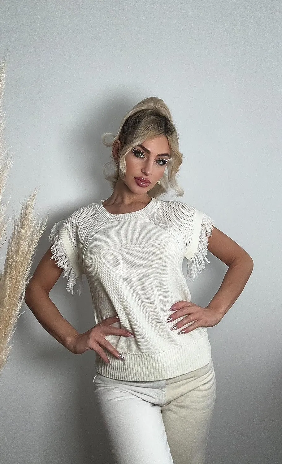GRACE KARIN Womens Sleeveless Sweater Vest Fringe Cap Sleeve Sweater Casual Crew Neck Loose Fit Pullover Tank Tops S-2XL