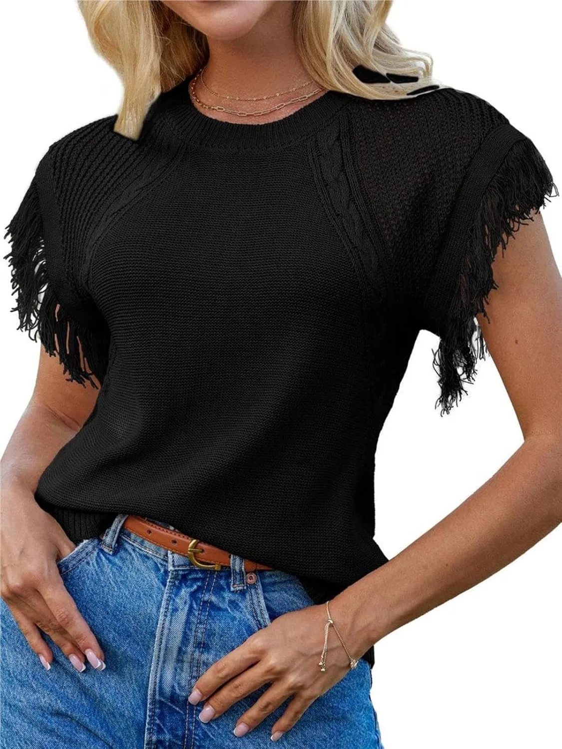 GRACE KARIN Womens Sleeveless Sweater Vest Fringe Cap Sleeve Sweater Casual Crew Neck Loose Fit Pullover Tank Tops S-2XL