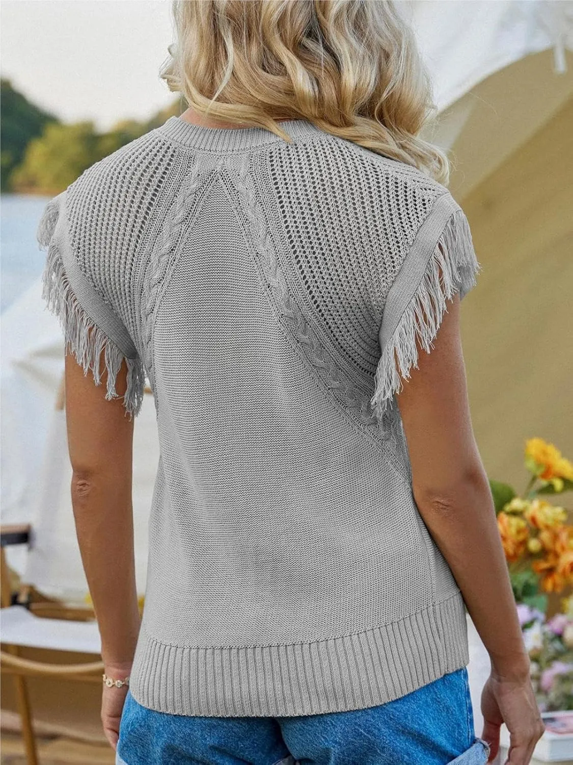 GRACE KARIN Womens Sleeveless Sweater Vest Fringe Cap Sleeve Sweater Casual Crew Neck Loose Fit Pullover Tank Tops S-2XL