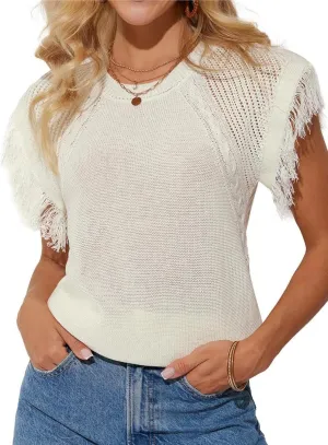 GRACE KARIN Womens Sleeveless Sweater Vest Fringe Cap Sleeve Sweater Casual Crew Neck Loose Fit Pullover Tank Tops S-2XL