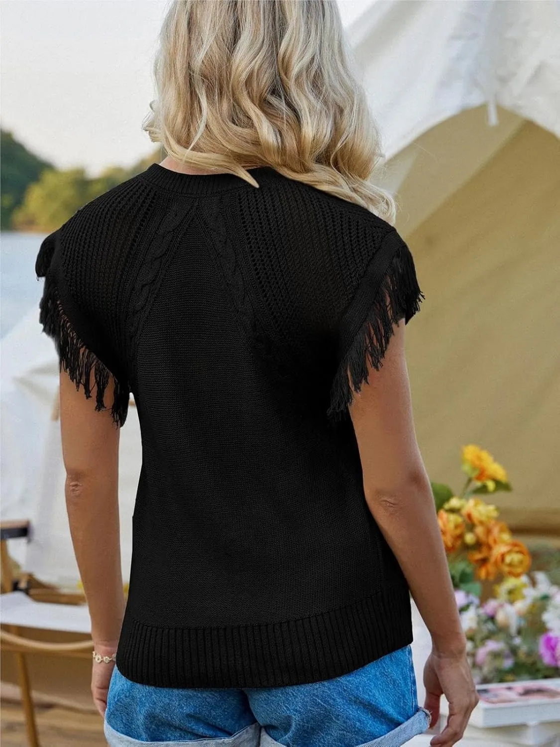 GRACE KARIN Womens Sleeveless Sweater Vest Fringe Cap Sleeve Sweater Casual Crew Neck Loose Fit Pullover Tank Tops S-2XL