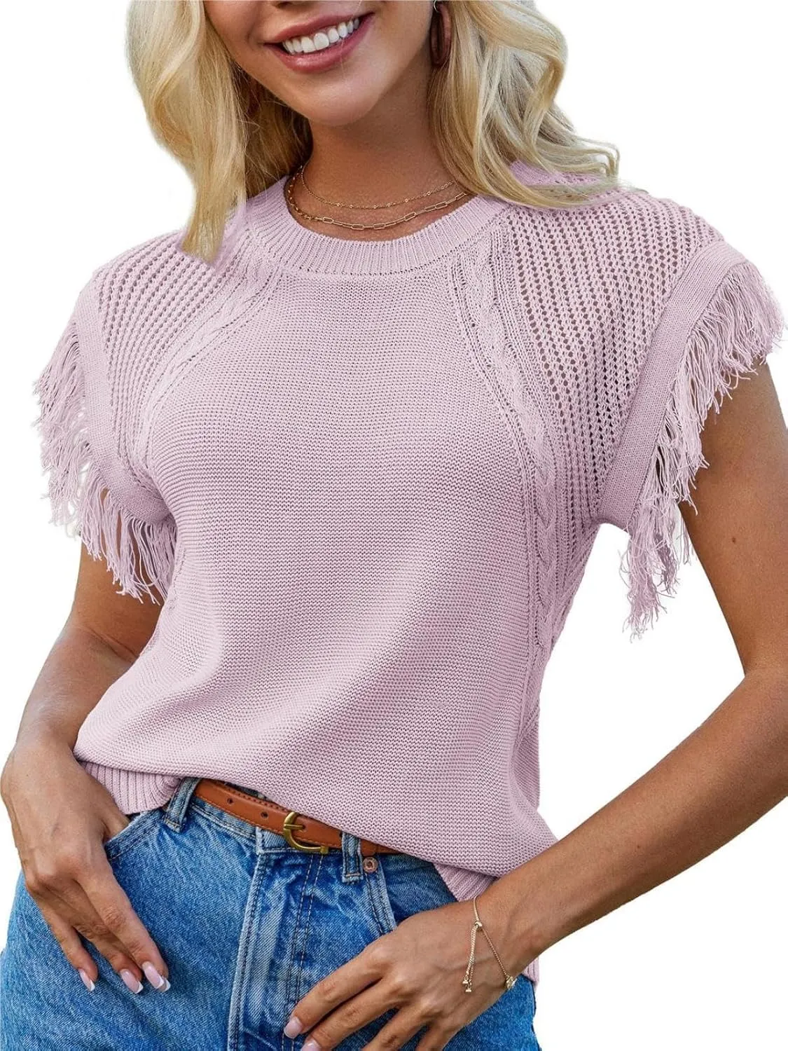 GRACE KARIN Womens Sleeveless Sweater Vest Fringe Cap Sleeve Sweater Casual Crew Neck Loose Fit Pullover Tank Tops S-2XL
