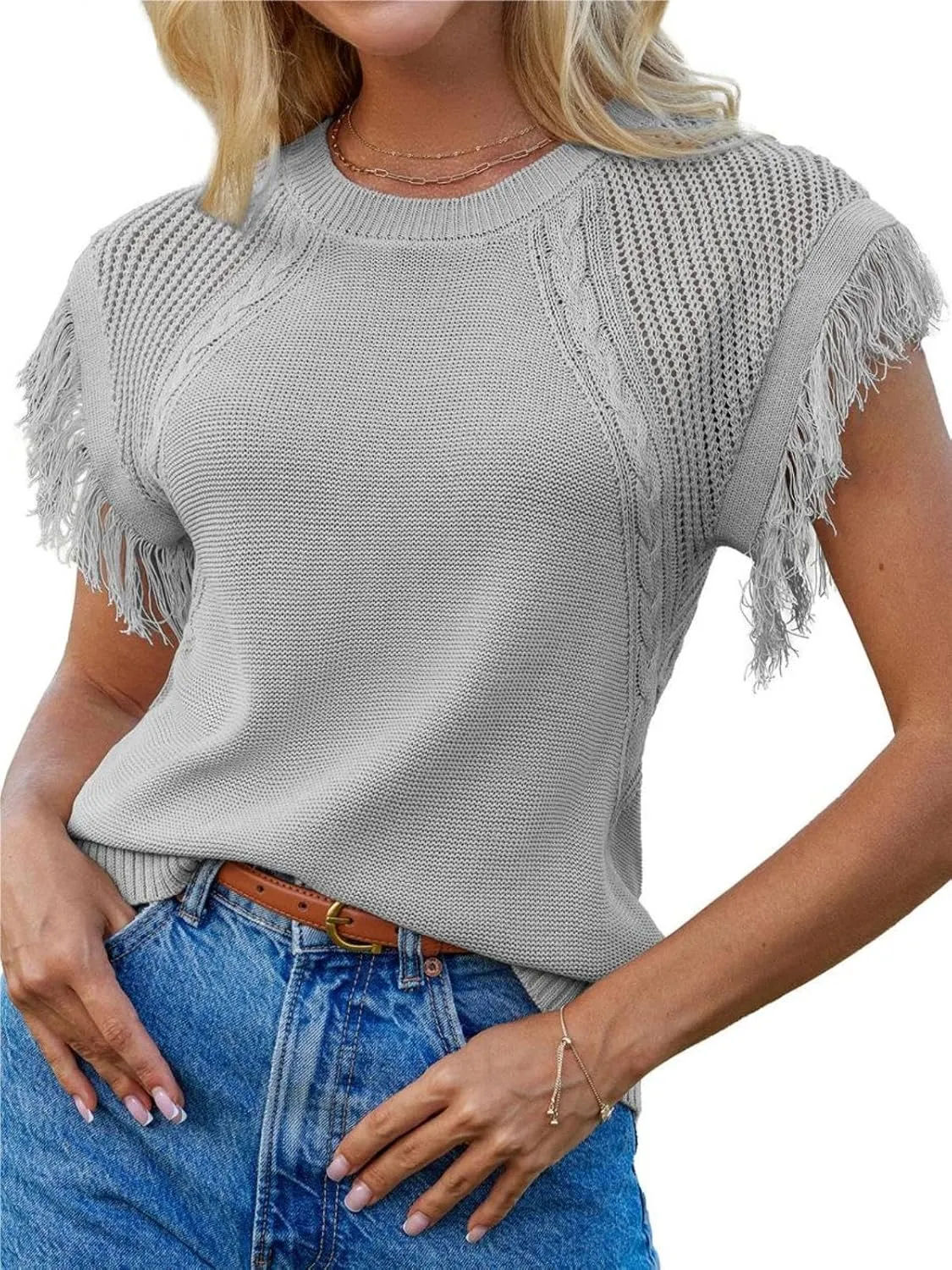 GRACE KARIN Womens Sleeveless Sweater Vest Fringe Cap Sleeve Sweater Casual Crew Neck Loose Fit Pullover Tank Tops S-2XL
