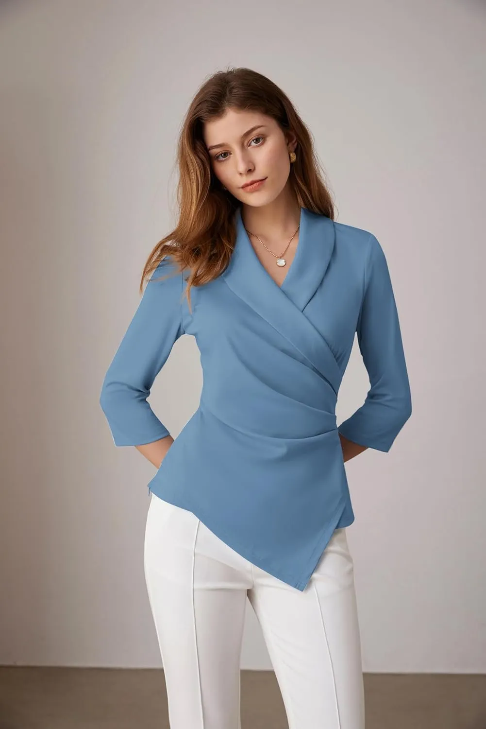 GRACE KARIN Women's V Neck Casual Work Tops 3/4 Sleeve Office Dressy Blouse Asymmetrical Elegant Shirts