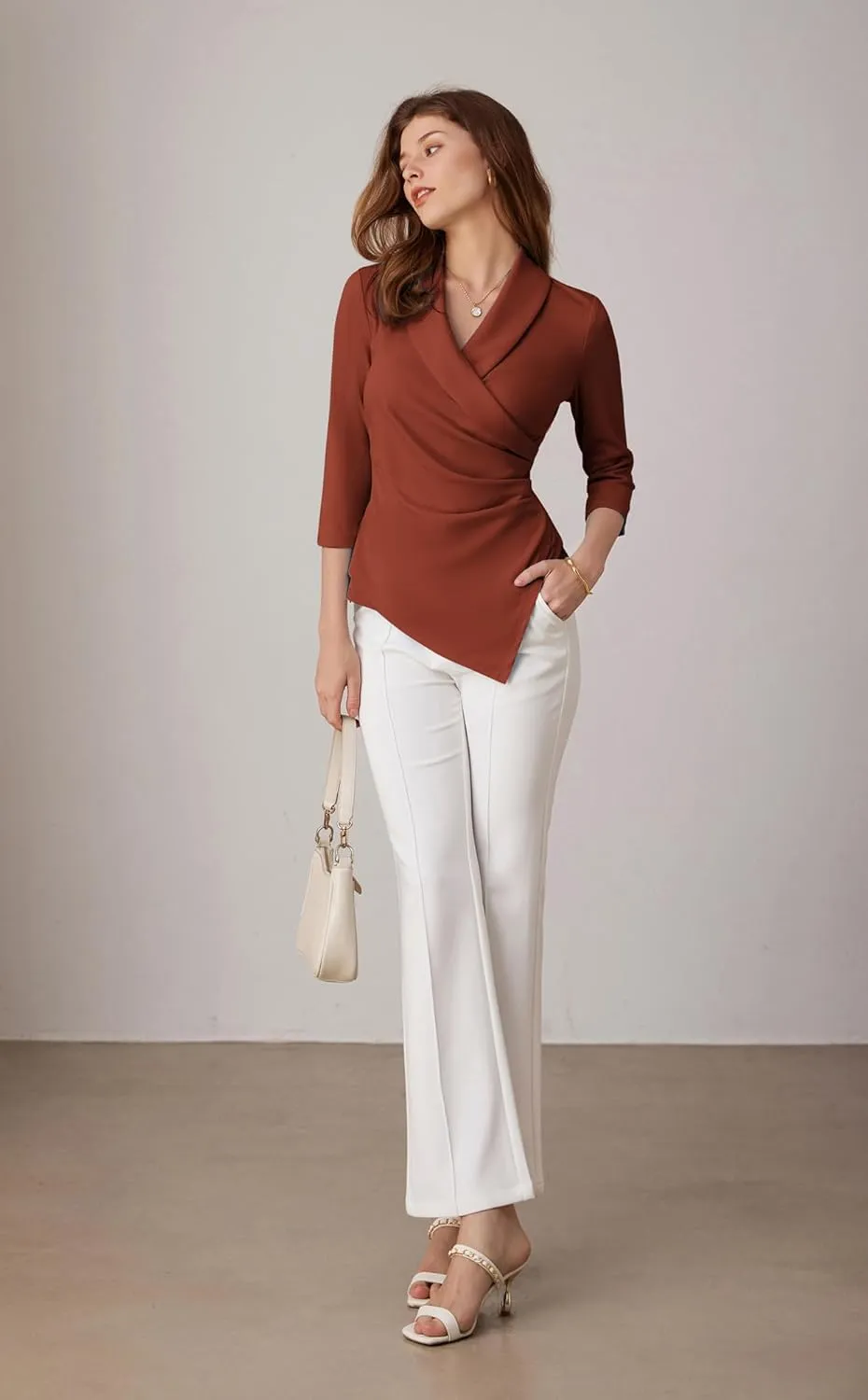 GRACE KARIN Women's V Neck Casual Work Tops 3/4 Sleeve Office Dressy Blouse Asymmetrical Elegant Shirts