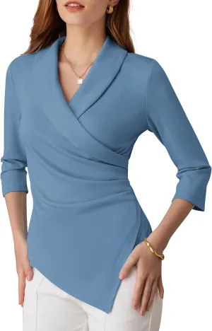 GRACE KARIN Women's V Neck Casual Work Tops 3/4 Sleeve Office Dressy Blouse Asymmetrical Elegant Shirts