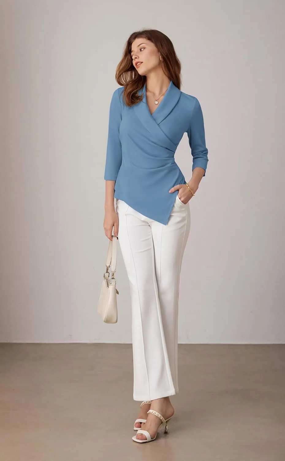 GRACE KARIN Women's V Neck Casual Work Tops 3/4 Sleeve Office Dressy Blouse Asymmetrical Elegant Shirts