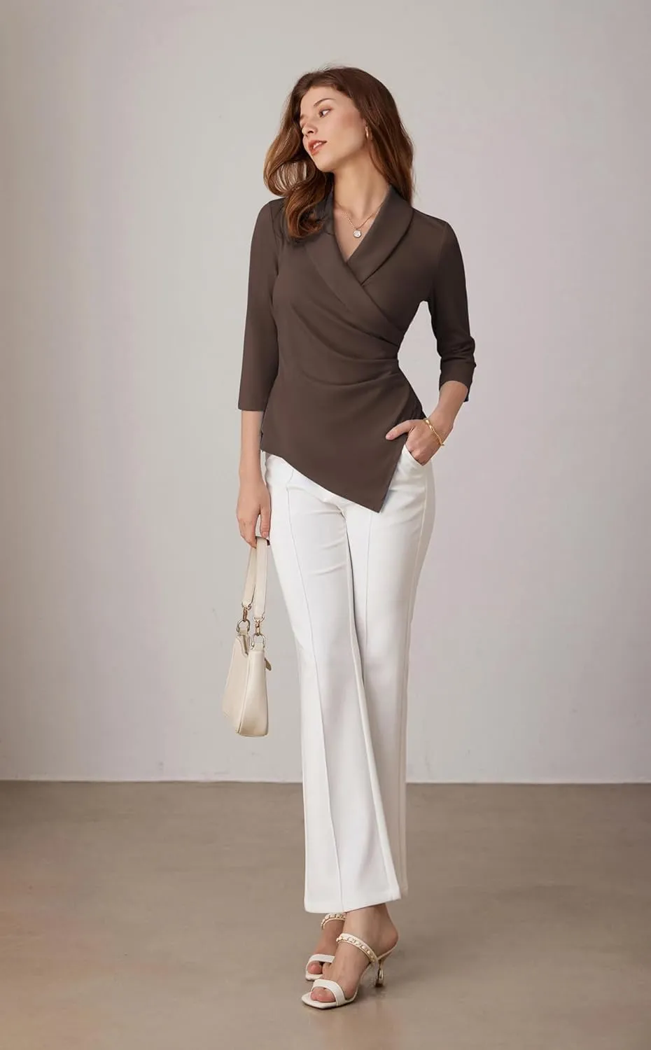 GRACE KARIN Women's V Neck Casual Work Tops 3/4 Sleeve Office Dressy Blouse Asymmetrical Elegant Shirts