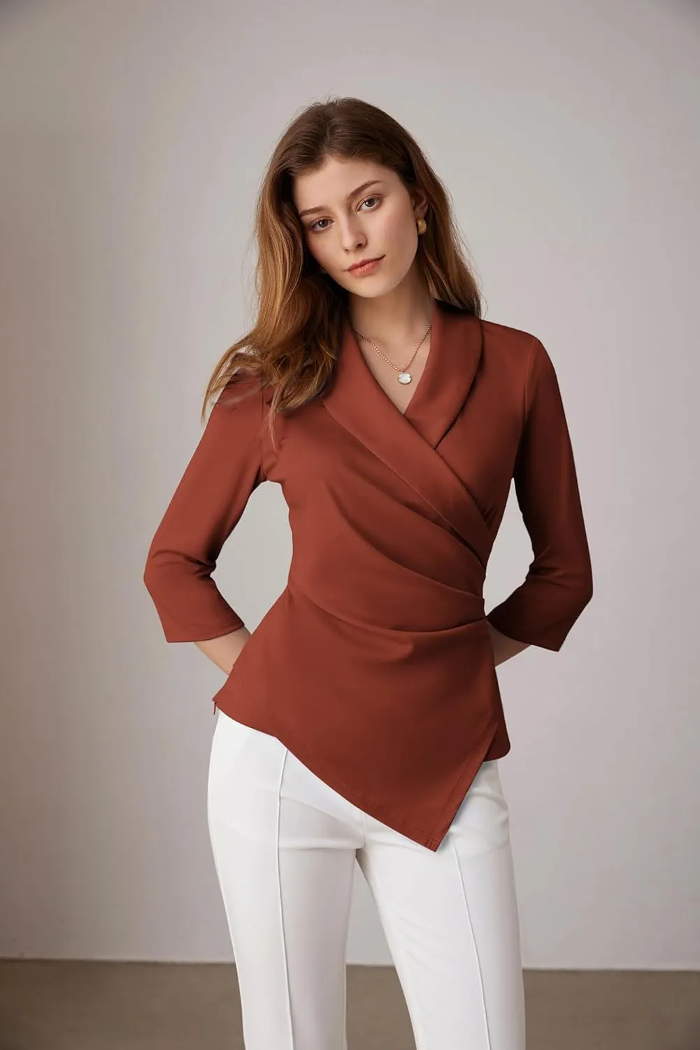 GRACE KARIN Women's V Neck Casual Work Tops 3/4 Sleeve Office Dressy Blouse Asymmetrical Elegant Shirts