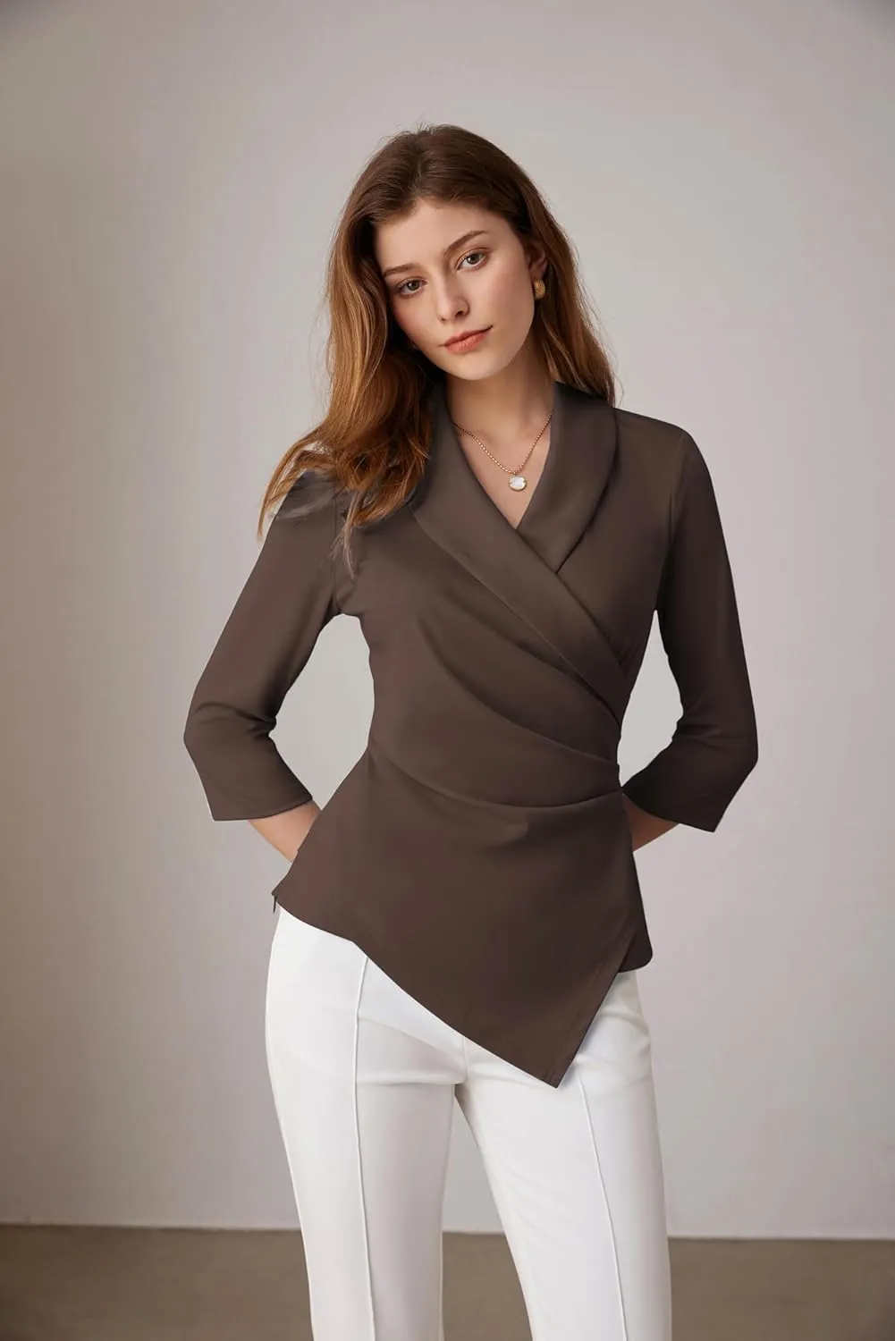 GRACE KARIN Women's V Neck Casual Work Tops 3/4 Sleeve Office Dressy Blouse Asymmetrical Elegant Shirts