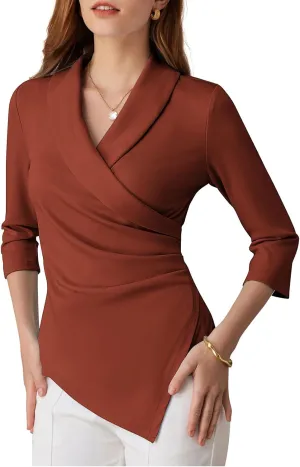 GRACE KARIN Women's V Neck Casual Work Tops 3/4 Sleeve Office Dressy Blouse Asymmetrical Elegant Shirts