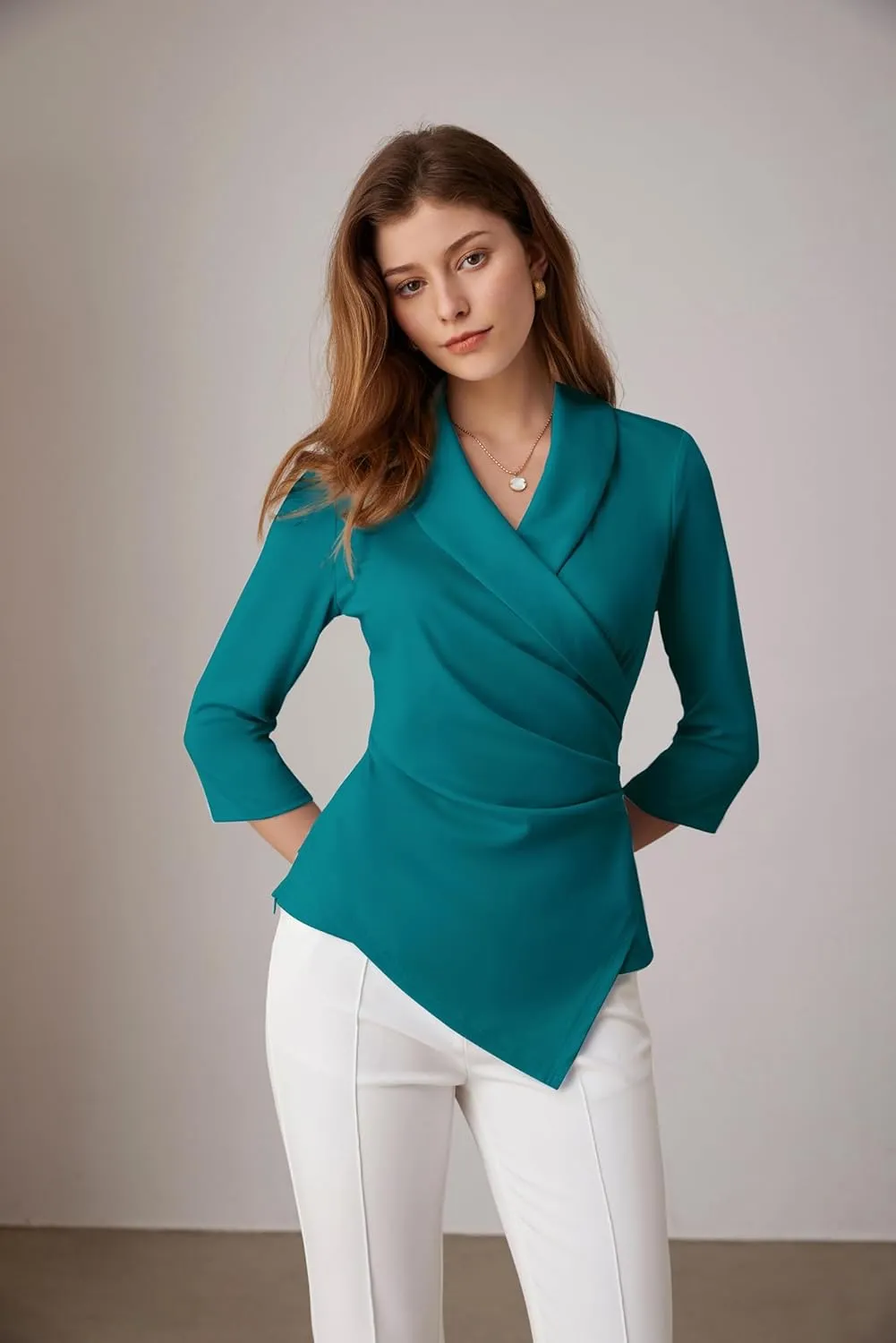 GRACE KARIN Women's V Neck Casual Work Tops 3/4 Sleeve Office Dressy Blouse Asymmetrical Elegant Shirts