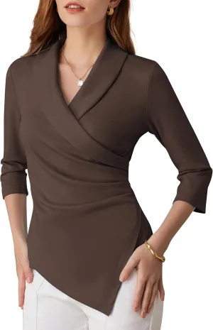 GRACE KARIN Women's V Neck Casual Work Tops 3/4 Sleeve Office Dressy Blouse Asymmetrical Elegant Shirts