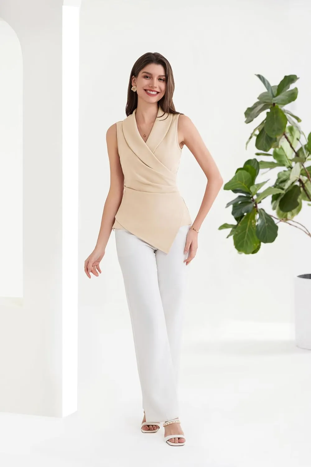 GRACE KARIN Women's Wrap V Neck Casual Work Tops Sleeveless Office Dressy Summer Blouse Asymmetrical Elegant Shirts