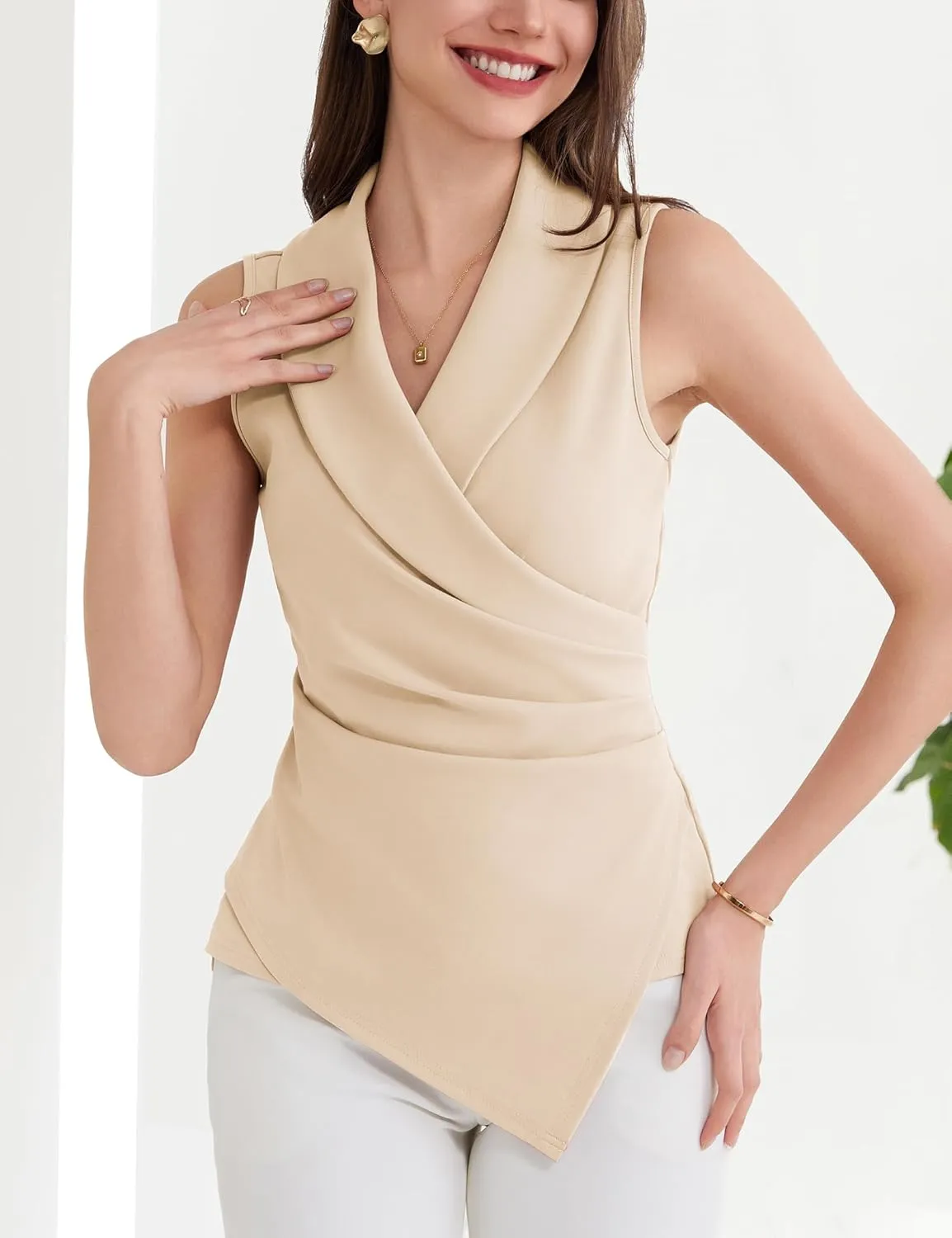 GRACE KARIN Women's Wrap V Neck Casual Work Tops Sleeveless Office Dressy Summer Blouse Asymmetrical Elegant Shirts