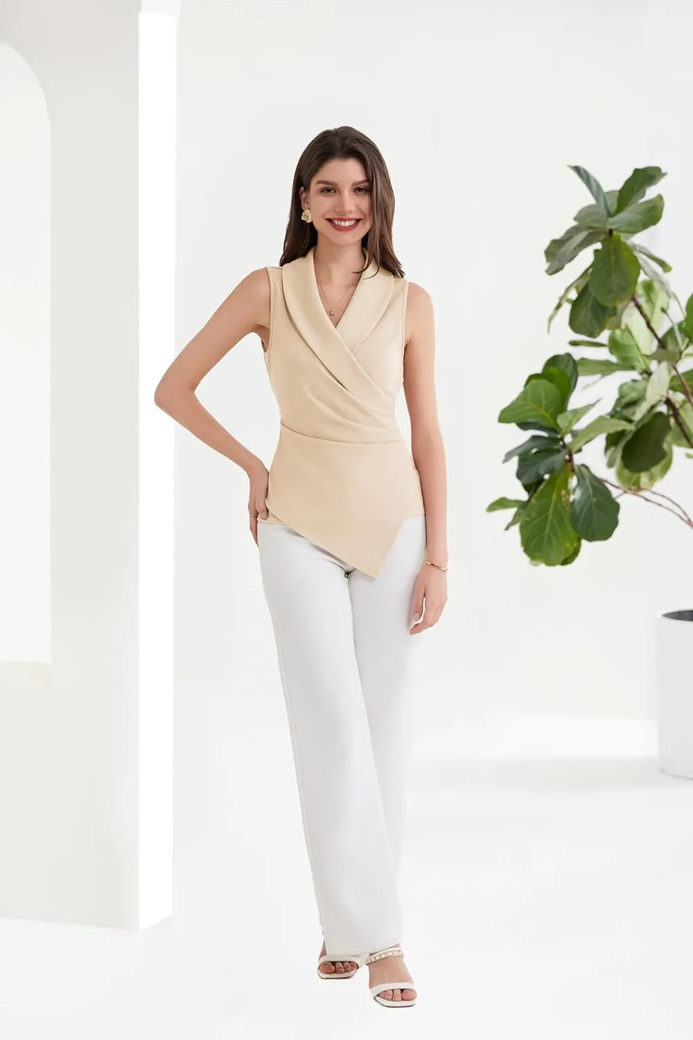 GRACE KARIN Women's Wrap V Neck Casual Work Tops Sleeveless Office Dressy Summer Blouse Asymmetrical Elegant Shirts