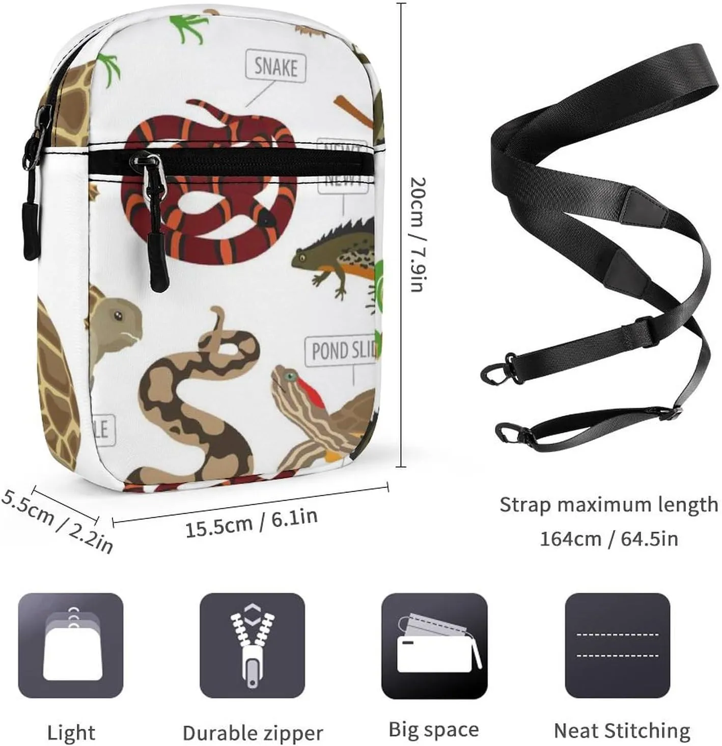 Green and Brown Pet Reptiles Frog Iguana Lizard Snake Newt Turtle Adjustable Fanny Waist Pack Pouch, Waterproof Crossbody Runners Bag Wallet for Gym Hiking Fitness Women Men 6.1 x 2.2 x 7.9 inch