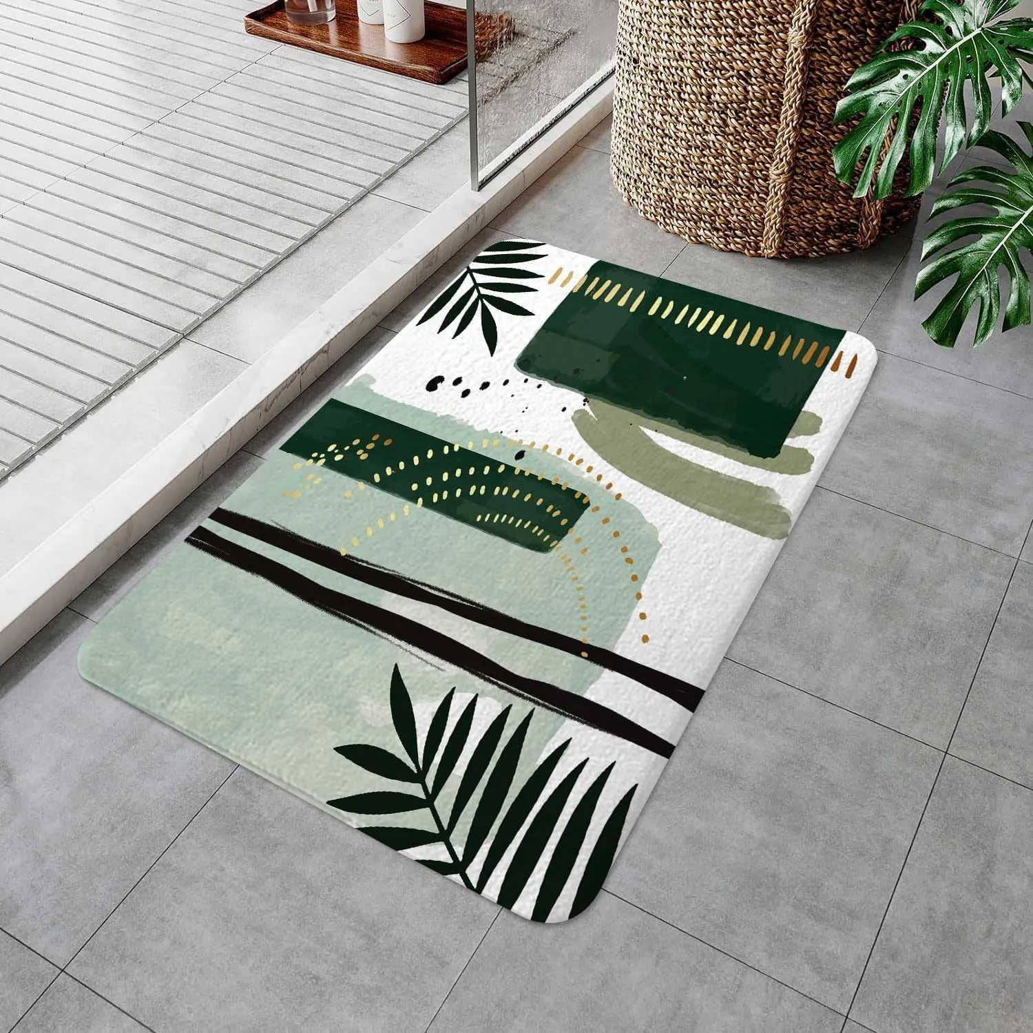 Green Mid Century Bath Rugs for Bathroom, Modern Boho Geometric Abstract Emerald Green Minimalist Striped Non Slip Flannel Bathroom Rug, Dry Fast Water Absorbent Bath Mats, 17x29 Inch
