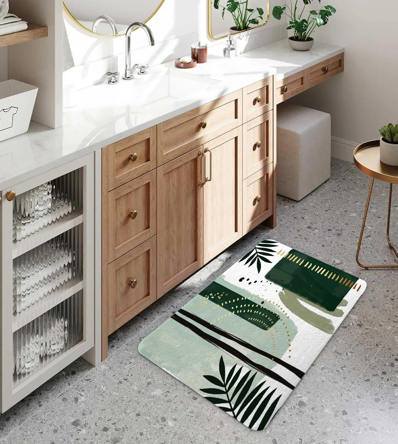 Green Mid Century Bath Rugs for Bathroom, Modern Boho Geometric Abstract Emerald Green Minimalist Striped Non Slip Flannel Bathroom Rug, Dry Fast Water Absorbent Bath Mats, 17x29 Inch