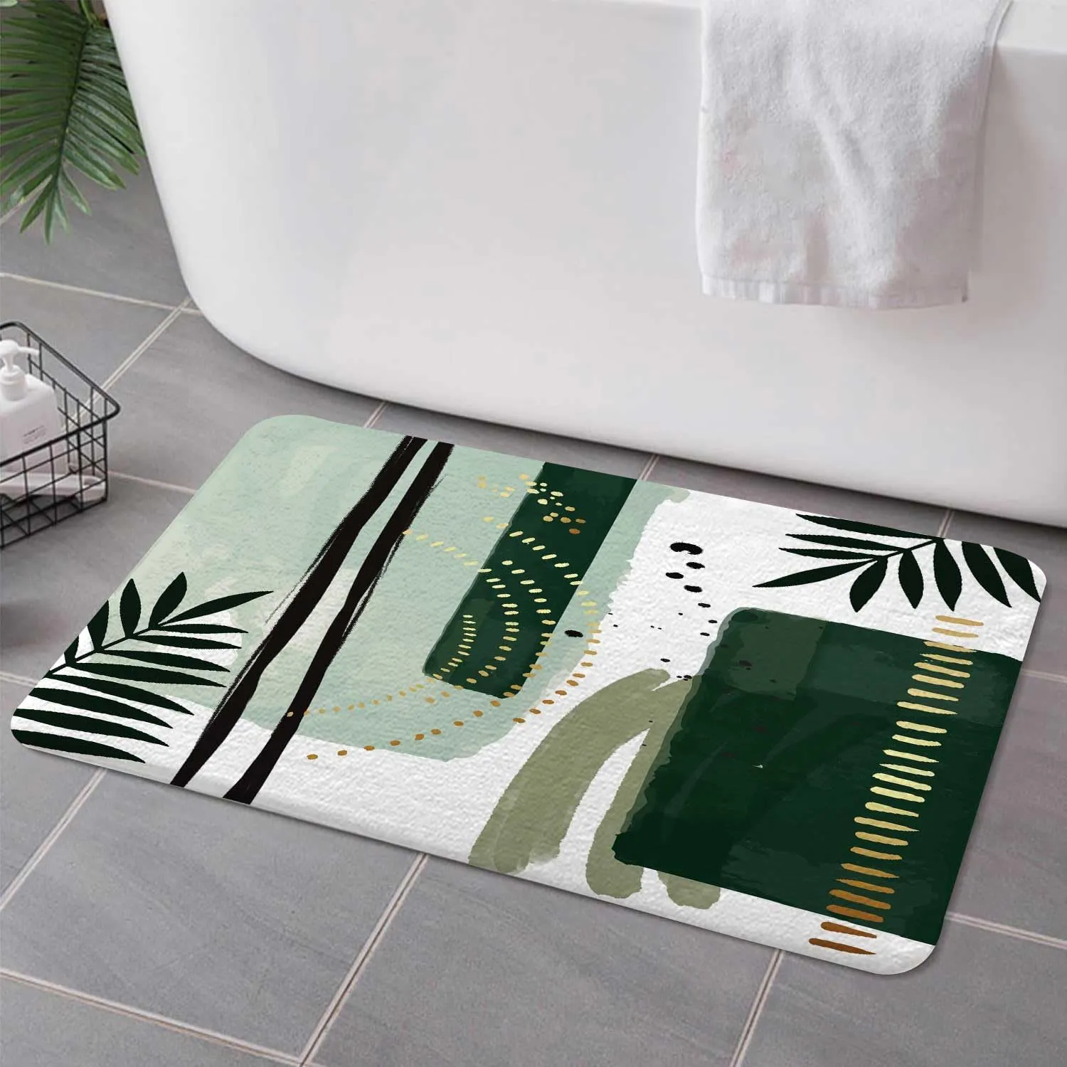 Green Mid Century Bath Rugs for Bathroom, Modern Boho Geometric Abstract Emerald Green Minimalist Striped Non Slip Flannel Bathroom Rug, Dry Fast Water Absorbent Bath Mats, 17x29 Inch