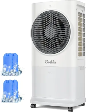 Grelife 3-in-1 Portable Air Conditioner, 400 Sq.Ft Evaporative Air Cooler with 1.72Gal Tank & 4 Ice Packs, 360° Oscillation, 30ft/s Wind Speed, 42dB Quiet, 8H Timer for Bedroom/Office/Home