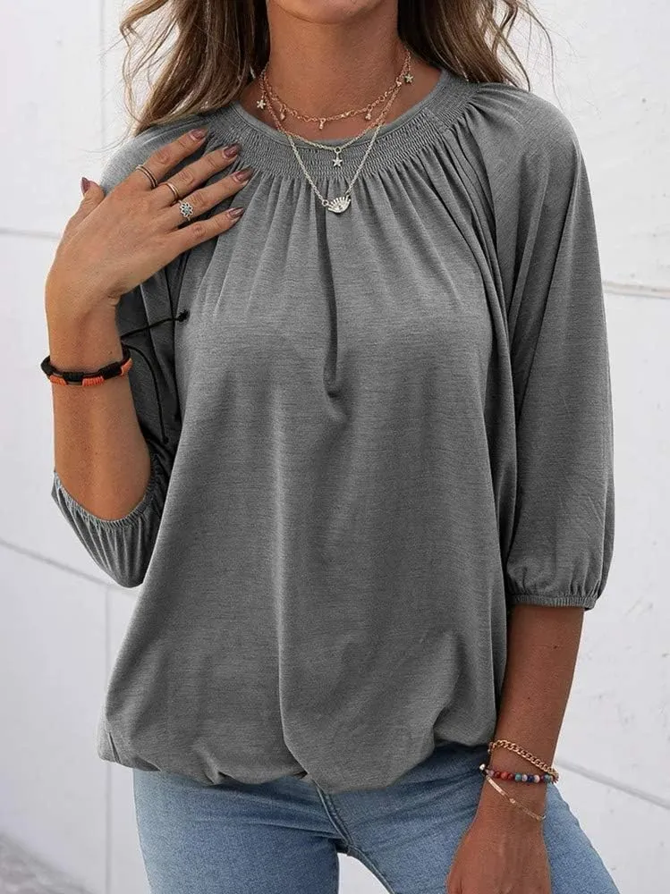 Grlasen Women's Solid Crew Neck T Shirt Blouse Cotton Half Sleeve 3/4 Sleeve Casual Loose Pleated Basic Tops