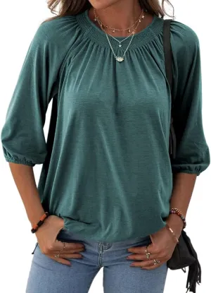 Grlasen Women's Solid Crew Neck T Shirt Blouse Cotton Half Sleeve 3/4 Sleeve Casual Loose Pleated Basic Tops