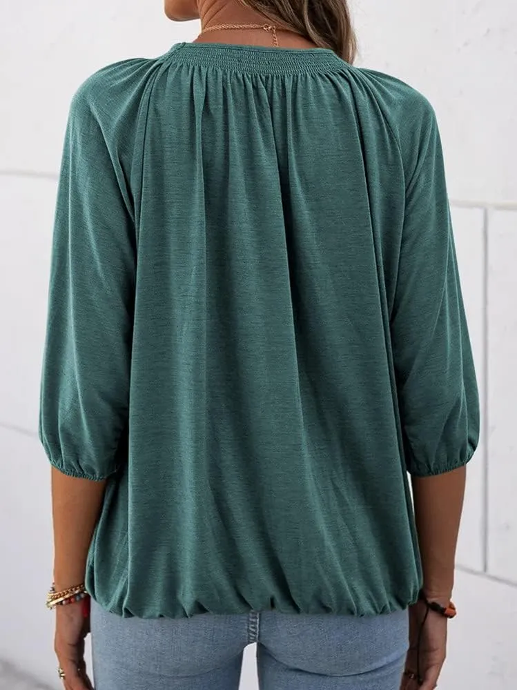 Grlasen Women's Solid Crew Neck T Shirt Blouse Cotton Half Sleeve 3/4 Sleeve Casual Loose Pleated Basic Tops