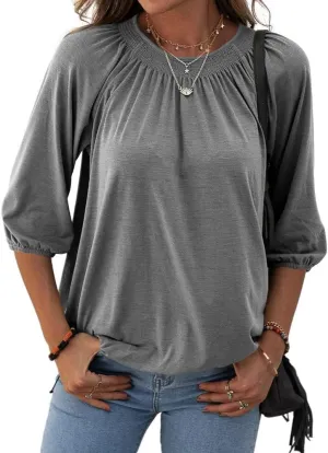 Grlasen Women's Solid Crew Neck T Shirt Blouse Cotton Half Sleeve 3/4 Sleeve Casual Loose Pleated Basic Tops