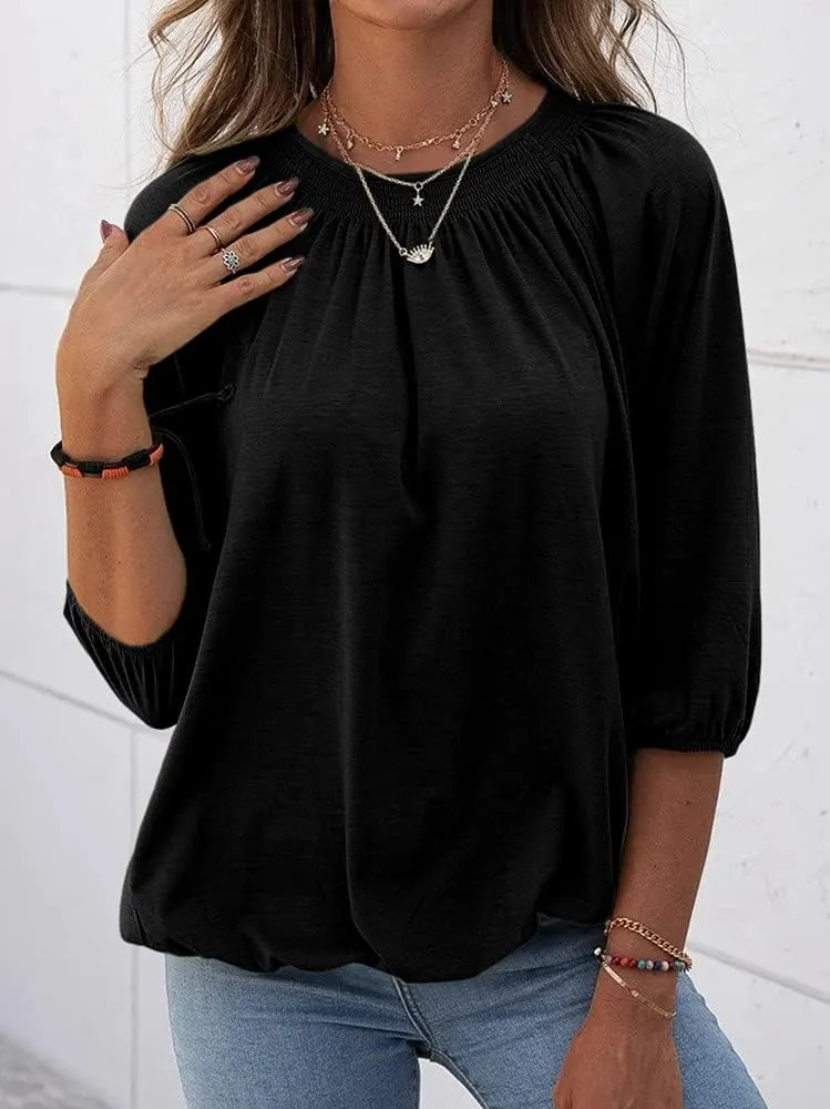 Grlasen Women's Solid Crew Neck T Shirt Blouse Cotton Half Sleeve 3/4 Sleeve Casual Loose Pleated Basic Tops