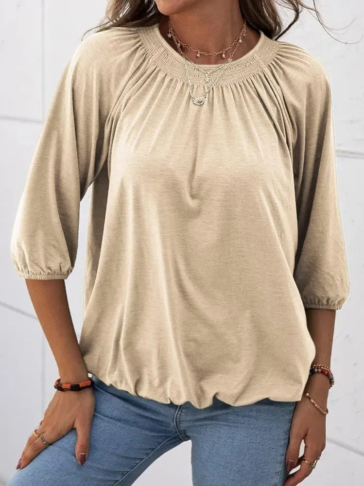 Grlasen Women's Solid Crew Neck T Shirt Blouse Cotton Half Sleeve 3/4 Sleeve Casual Loose Pleated Basic Tops