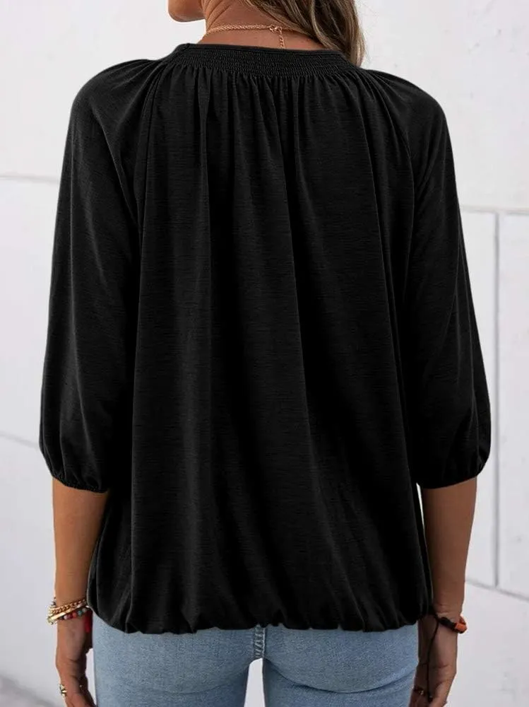 Grlasen Women's Solid Crew Neck T Shirt Blouse Cotton Half Sleeve 3/4 Sleeve Casual Loose Pleated Basic Tops