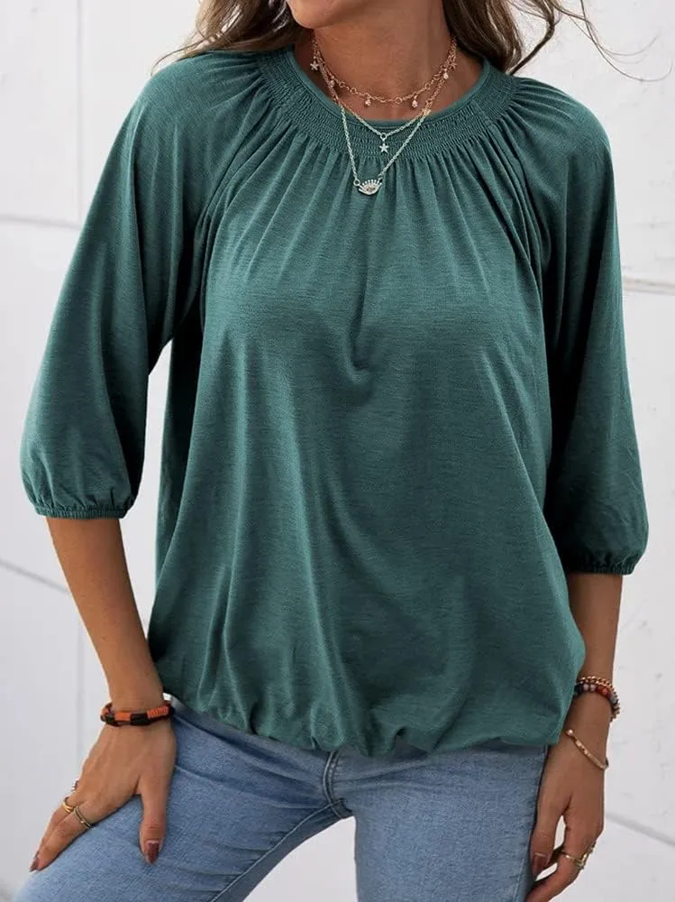 Grlasen Women's Solid Crew Neck T Shirt Blouse Cotton Half Sleeve 3/4 Sleeve Casual Loose Pleated Basic Tops