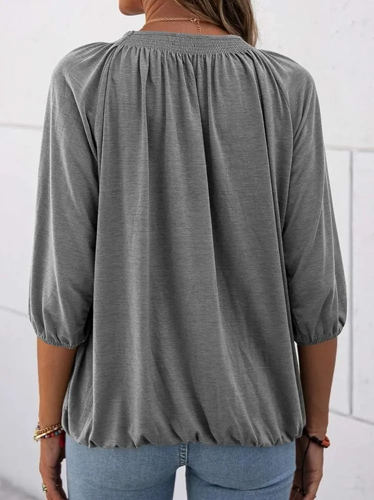 Grlasen Women's Solid Crew Neck T Shirt Blouse Cotton Half Sleeve 3/4 Sleeve Casual Loose Pleated Basic Tops