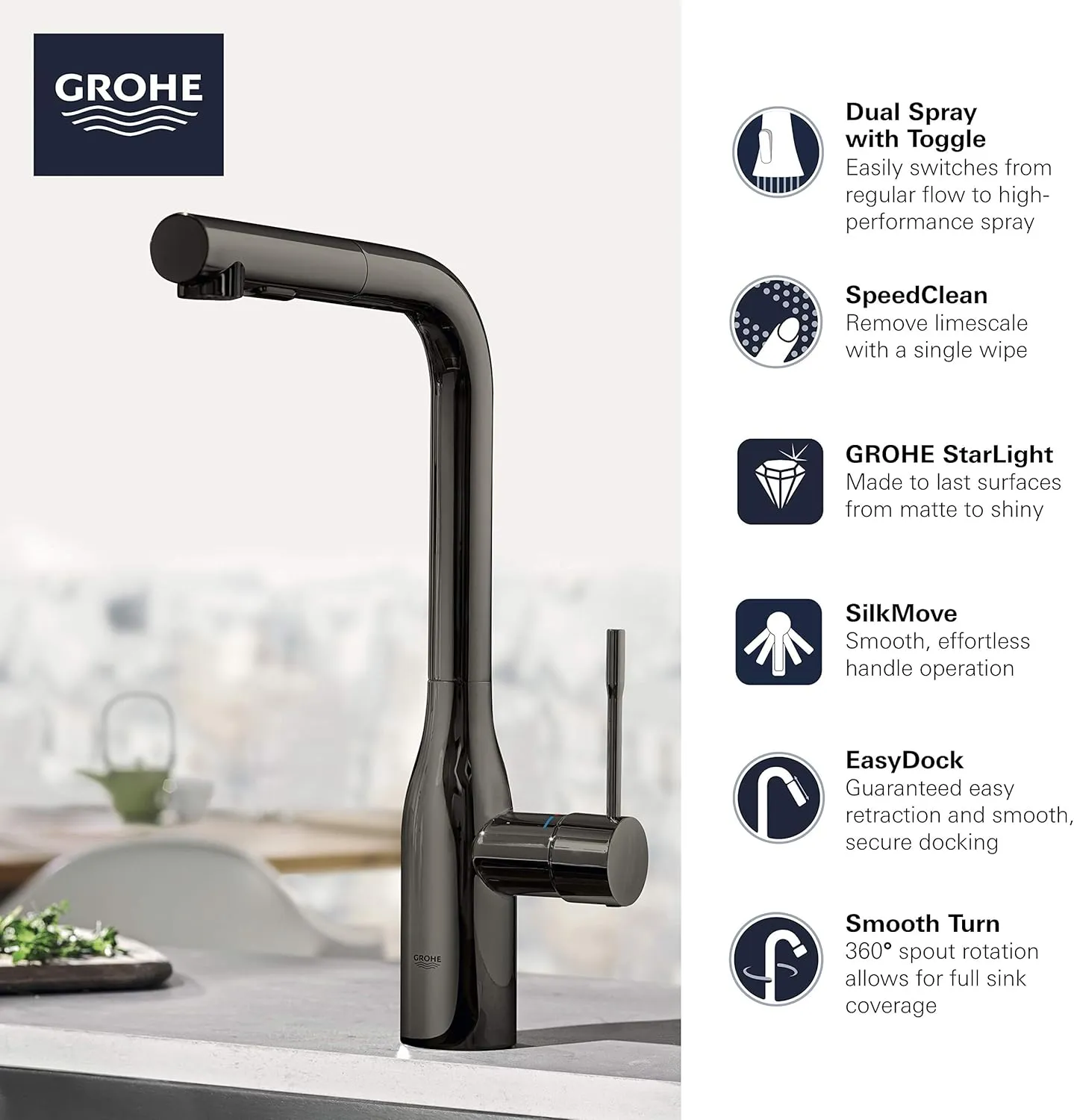 GROHE 30271A00 Essence Dual Spray Pull-Out Kitchen Faucet Hard Graphite (Polished Black)