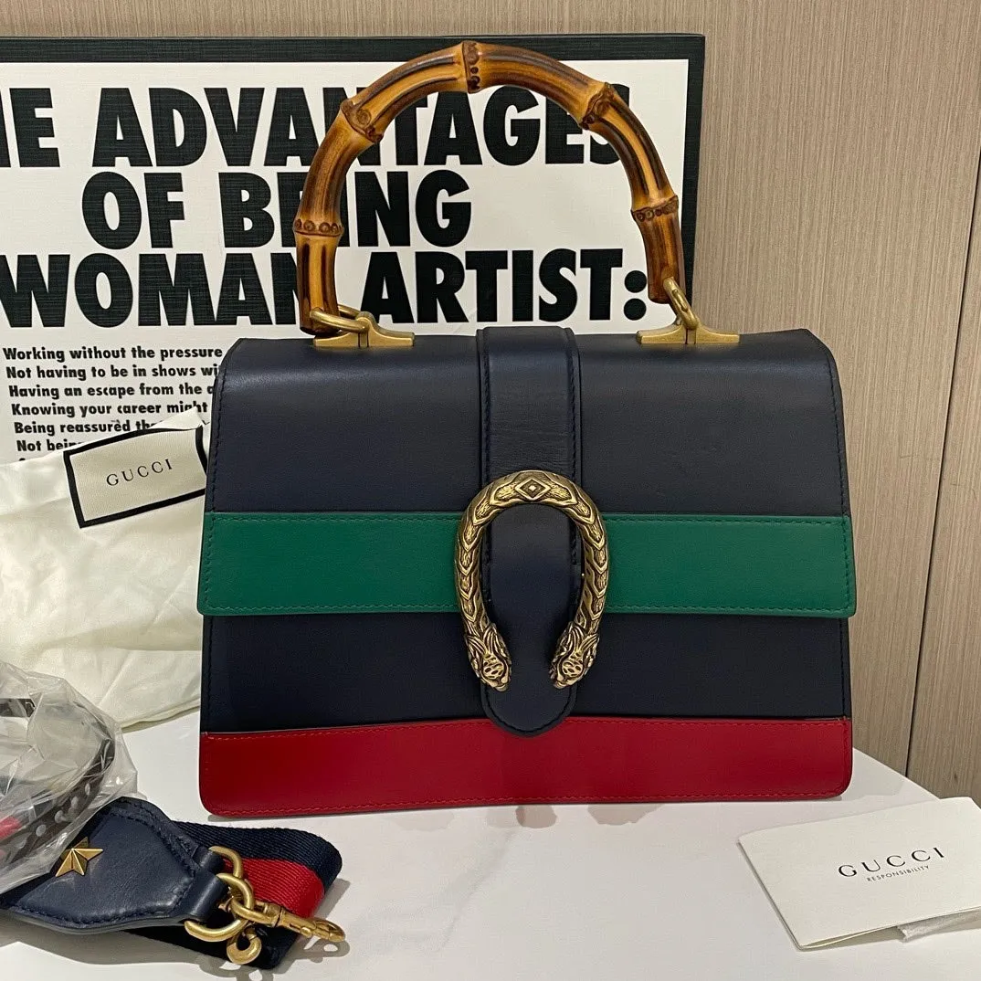 Gucci Bamboo Handle Dionysus Bag in Blue, Green, and Red Leather - Top Handle Style