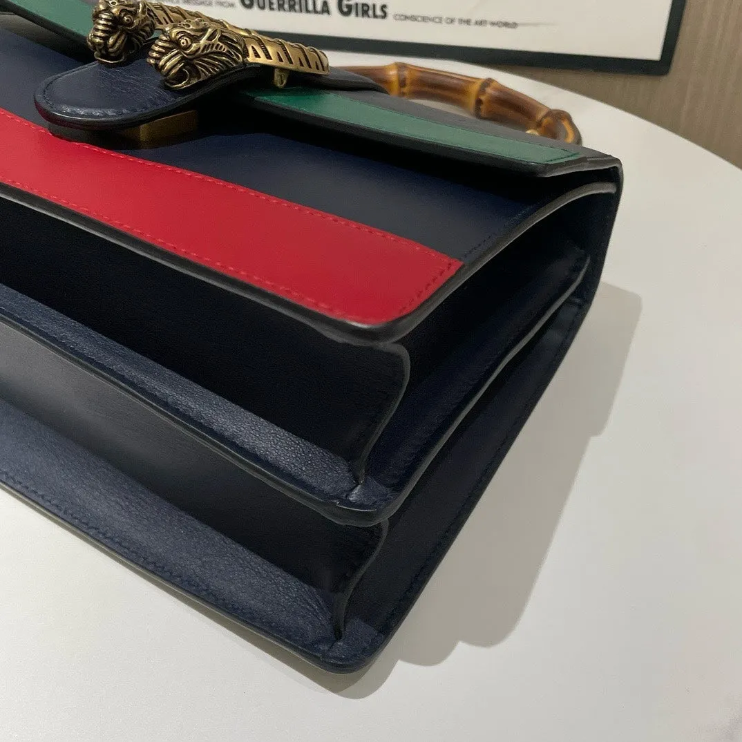 Gucci Bamboo Handle Dionysus Bag in Blue, Green, and Red Leather - Top Handle Style
