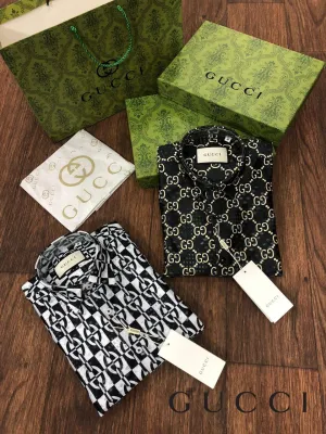 GUCCI || Geometric Print Stretch Cotton Shirt