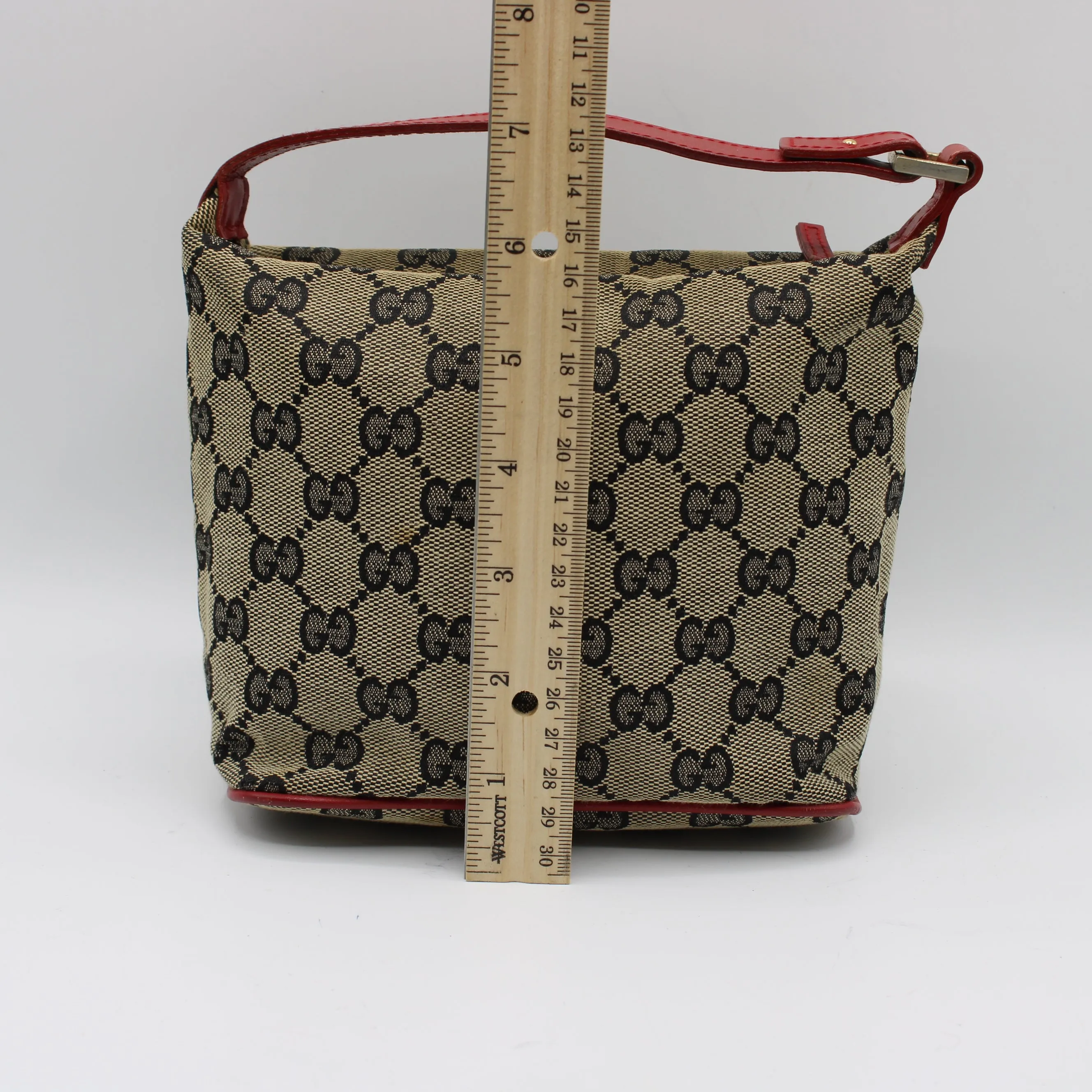 Gucci Red Beige GG Canvas Top Handle Pochette Bag